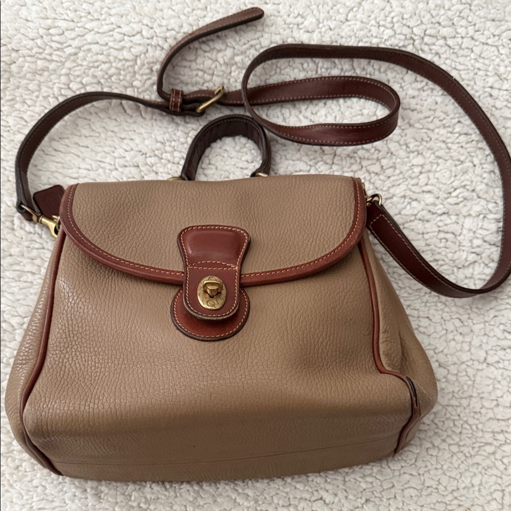 Coach Taupe Pebbled Leather Satchel with Brown Trim and Gold Hardware